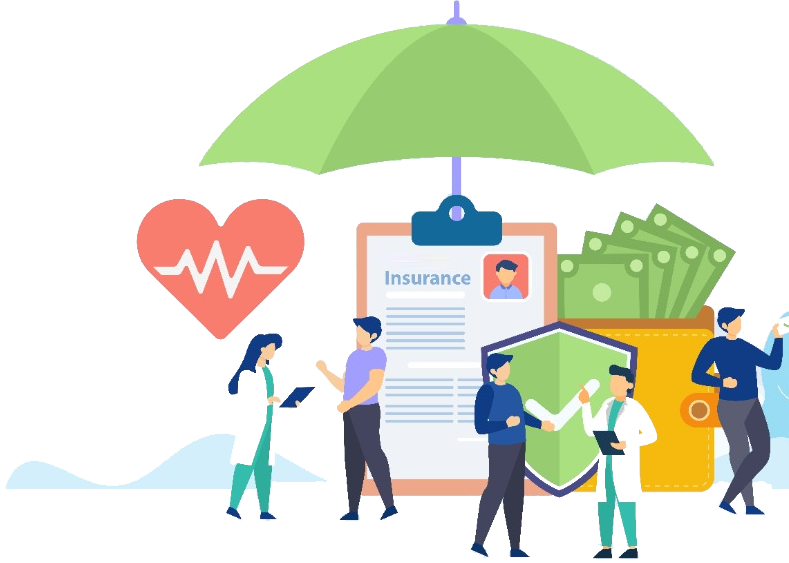 image of different images together a green umbrella encompassing a clipboard a doctor and nurse and money in a wallet with a sheild and heart icon under it as well.