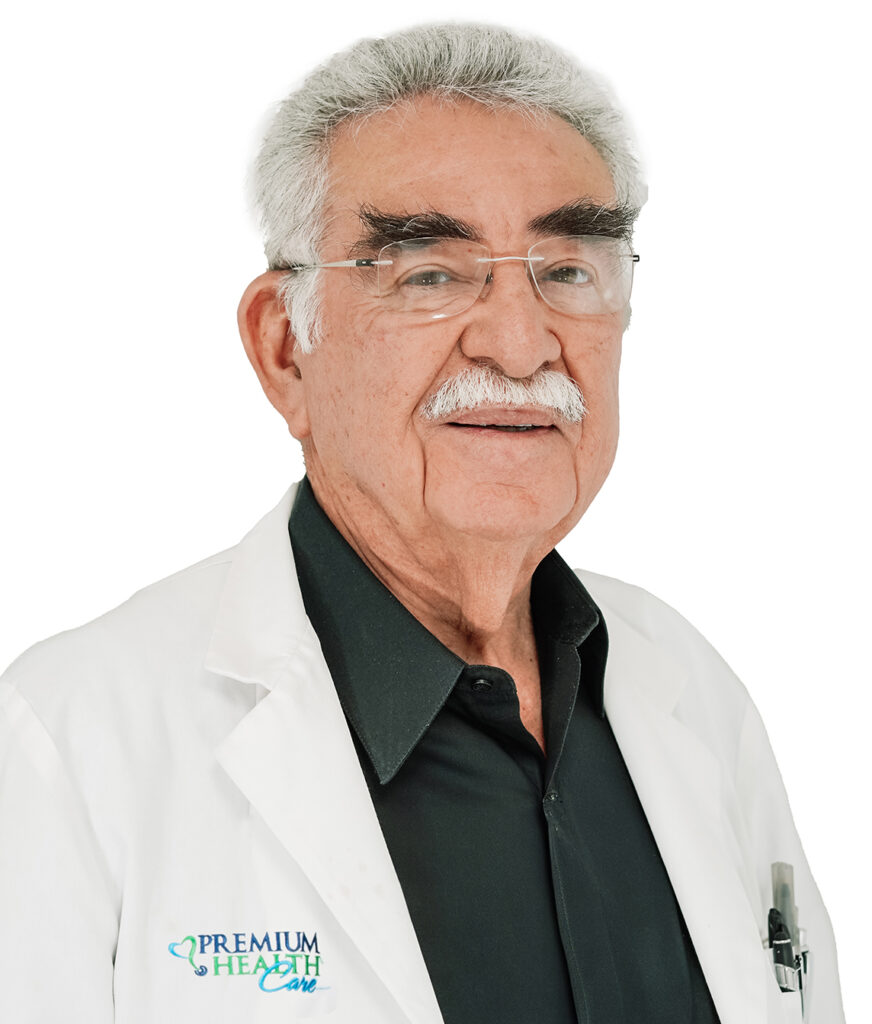 Doctor Emilio Castañeda in a white coat staring at the camera.
